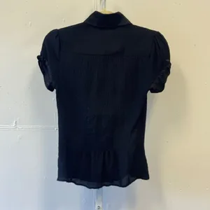 Y2K 2010s Bebe Black Silk Blend Crinkle Rosette Blouse Short Sleeve XS thumbnail 2