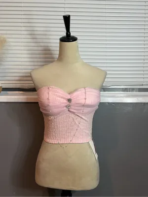 NWT Pink Tweed Bustier Tube Top Rhinestone Coquette Balletcore Corset Crop Top thumbnail 7