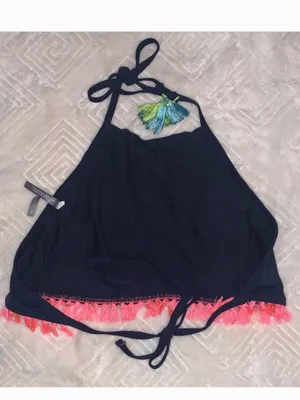 aerie Navy High-Neck Bikini Top with Coral Fringe | Size Medium (New $34.95) thumbnail 13