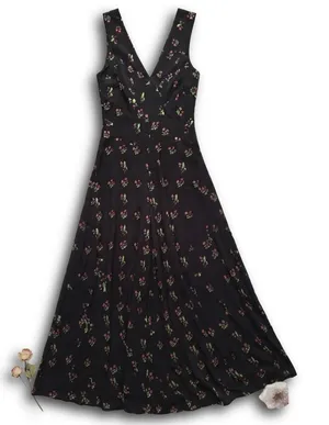 Realisation Par The Inez Black Strawberry Silk Floral Midi Dress V-Neck Size L thumbnail 1