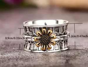 Boho Chic Retro Sunflower Ring for Ladies -Wide Band Size 7 thumbnail 3