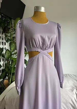 Lavender satin cut out long sleeve midi dress with bow thumbnail 2
