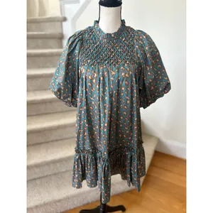 Tyler Böe Blue & Brown Leopard Print Smocked Puff Sleeve Ruffle Dress thumbnail 2