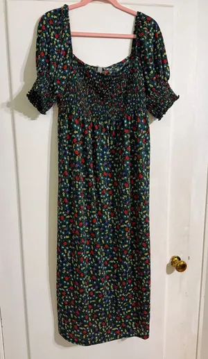 ASOS Green Floral Smocked Midi Dress Square Neck Puff Sleeve US 12 thumbnail 1