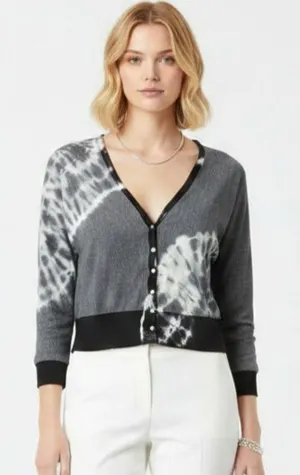 Young Fabulous and Broke Gray Cropped Button Front Tie Dye Long Sleeve Top L thumbnail 1