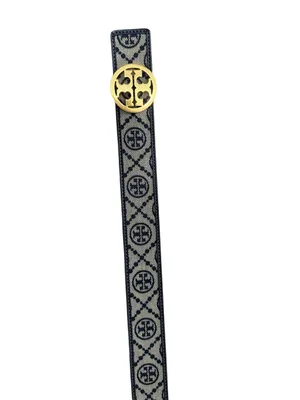 Tory Burch Black and Beige Logo Web Belt with Gold Medallion Buckle Size Small thumbnail 9