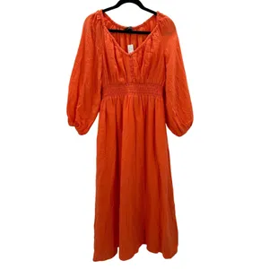 NWT J. Crew Orange Gauze Smocked Waist Midi Maxi Balloon Sleeve‎ Cotton Dress XS thumbnail 2