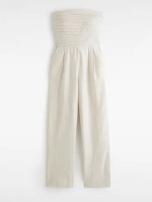 Abercrombie & Fitch Strapless Linen Wide-Leg Jumpsuit in Light Neutral thumbnail 2