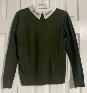 Vila Milano Dark Green Long Sleeve Sweater with Rhinestone Embellished Collar thumbnail 1