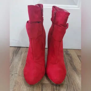 Vegan Suede Shoe Dazzle Lipstick Red Stilletto Ankle Boots w/ Bow Women's Sz 10 thumbnail 3