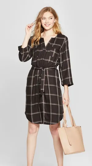 A New Day 3/4 Sleeve Checkered Shirt Dress thumbnail 1