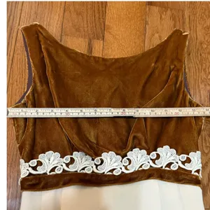 Vintage 60s Bronze Velvet‎ Lace Trim Empire Waist Maxi Dress Cream Column thumbnail 6