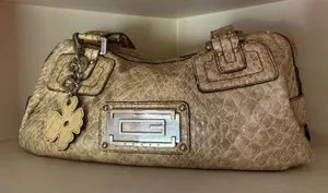Guess Beige/Tan Textured Shoulder Bag with Metal Plaque thumbnail 1