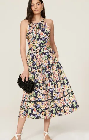 $195 SOMETHING NAVY Floral Midi Dress with Cutouts - Size S thumbnail 1