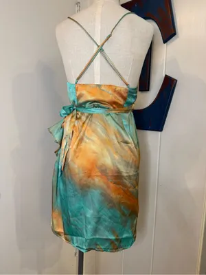 Hello Molly Silky Tie-Waist Slip Dress in Teal & orange women size Large NWT thumbnail 2