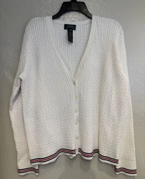 Lauren Ralph Lauren White Cable Knit Cardigan with Navy & Red Trim Preppy School thumbnail 1