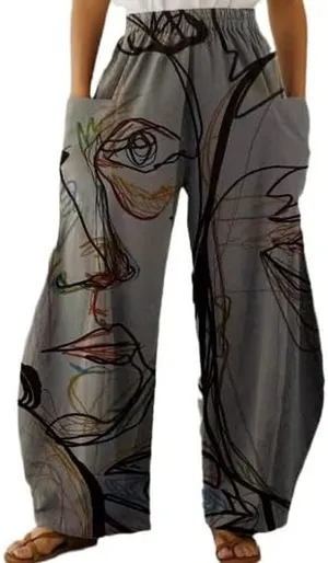 NWT ~ Gray Abstract Pockets Wide Leg Loose Casual Pants ~ Women's Size LARGE thumbnail 1