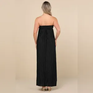 LULU’S Whimsical Beauty Black Satin Plisse Strapless Maxi Dress thumbnail 4