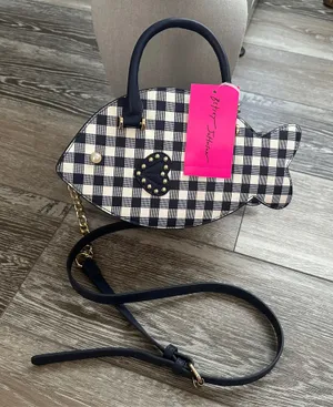 NWT Betsey Johnson Adorable Plaid Fish Handbag Crossbody Navy Blue & White thumbnail 1
