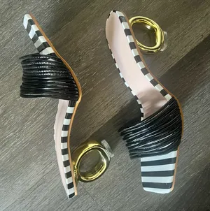 Black and White Striped low gold abstract heel thumbnail 1