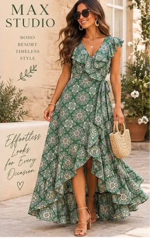 Max Studio Green Mandala Print Ruffle Faux Wrap Maxi Dress Large thumbnail 1