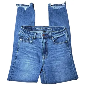 American Eagle Womens High Waisted Skinny Jeans Blue Ripped Raw Hem Size 00 Reg thumbnail 1