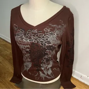 Y2K V-Neck Long Sleeve Top with Black‎ Floral Design size S thumbnail 6