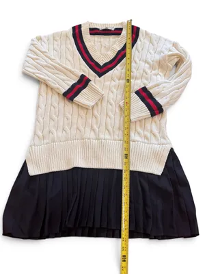 English Factory Cream Cable Knit V-Neck Sweater with Navy and Red Trim thumbnail 7