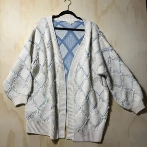 Gilded Intent Cardigan‎ Sweater L Blue Cream Chunky Knit Open Front thumbnail 1