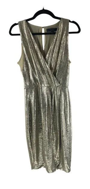 Rachel Rachel Roy Metallic Gold Sleeveless Faux Wrap Surplice Neckline Dress M thumbnail 1