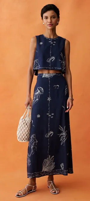 NWT ANAYA Sari Set size 2 blue navy linen skirt Few Moda thumbnail 1