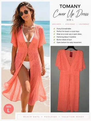 NEW Tomany Women's Size L Coral Swim Cover Up Maxi Dress Semi Sheer Beach Resort thumbnail 2