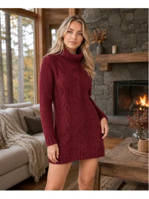 Women's Lulus Burgundy Cable Knit Turtleneck Sweater Dress Size M thumbnail 7