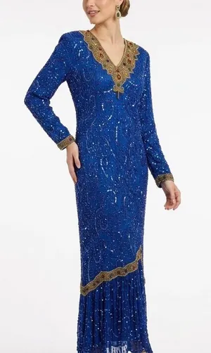 Vintage Tan-Chho Pure Silk Beaded Sequin Maxi Gown Dress Royal Blue Size XL 80’s thumbnail 1