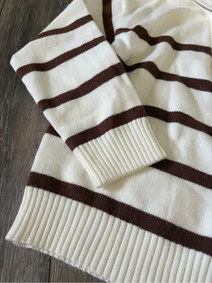 Amazon Cream and Brown Striped Shawl Collar Sweater thumbnail 3