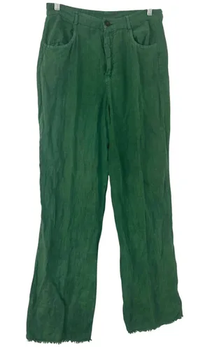 Zara Green Linen Wide Leg Pants High Waisted Frayed Hem Trousers Medium breezy thumbnail 1