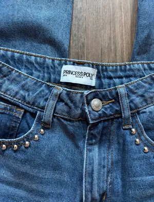 Princess Polly Saving Up Mid Rise Straight Leg Studded Jeans Mid Blue thumbnail 4
