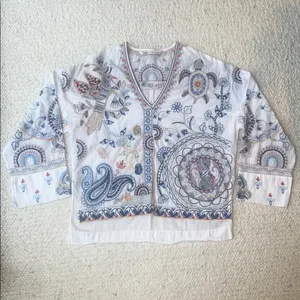 Zara Embroidered Floral‎ Fish Turtle Bird V-Neck Blouse Oyster White Small thumbnail 5