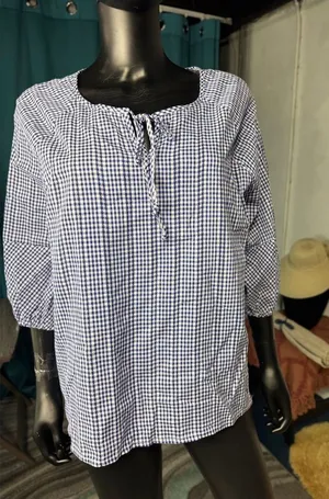 Blue White Gingham Tie Neck 3/4 Sleeve Blouse Shirt‎ Women's Plus Size XL thumbnail 1