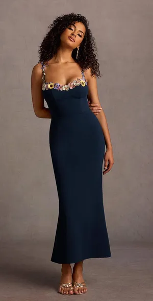 Azazie JALISE NAVY AND MULTI FLORAL NECKLINE MAXI DRESS thumbnail 1