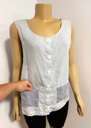 Aly Wear Womens Medium Blue 100% Linen Button Front Vest Top USA BOHO Earthy thumbnail 1