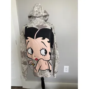 Fleischer Studios Betty Boop Camo Leaf Zip‎ Up Hoodie XL Tan Grey Graphic Back thumbnail 3