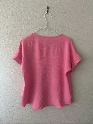 Pink Textured Dressy Top Going Out with Cuffed Short Sleeves thumbnail 2
