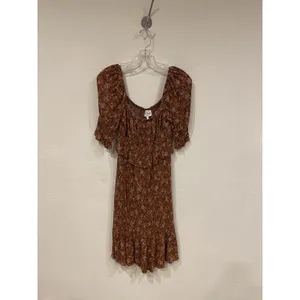 Bohme Dress Womens Small Brown Floral Puff Sleeve Ruffle Fit Flare Boho Sundress thumbnail 2