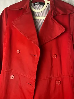 Zara Vibrant Red Double-Breasted classic preppy tailored Trench Coat L thumbnail 2