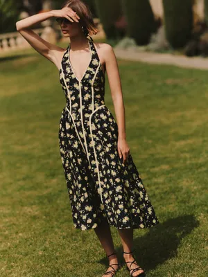 By Anthropologie Halter V-Neck Fit & Flare Midi Dress Yellow Floral NWT thumbnail 4