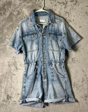 Free People Marci Denim Cuffed‎ Romper Blue Button Front Utility Shortalls Small thumbnail 1