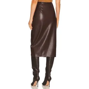 Enza Costa Vegan Leather High Waisted Wrap Midi Skirt Chocolate Brown 0 thumbnail 4