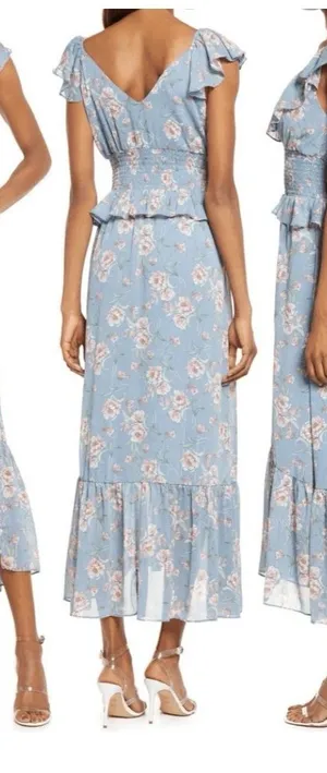 NWOT Floret Studios sz Small Blue Floral Ruffle Maxi Dress with Smocked Waist thumbnail 1