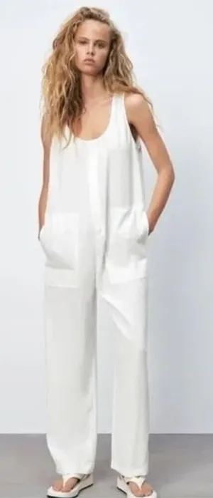 ✨Zara Jumpsuit White Long Flowy Sz XS Oversized Overalls✨ thumbnail 1